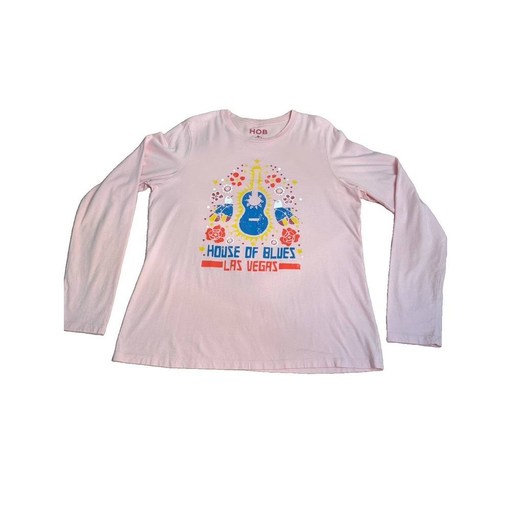 House Of Blues T-Shirt Womens XL Guitar Floral Long Sleeve Music Hall Las Vegas
